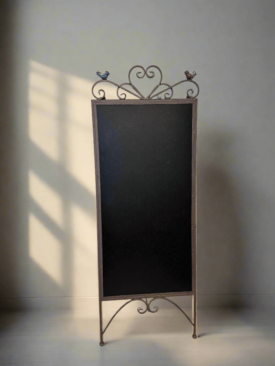 Antique Iron Chalkboard Easel with Heart Scroll and Birds
