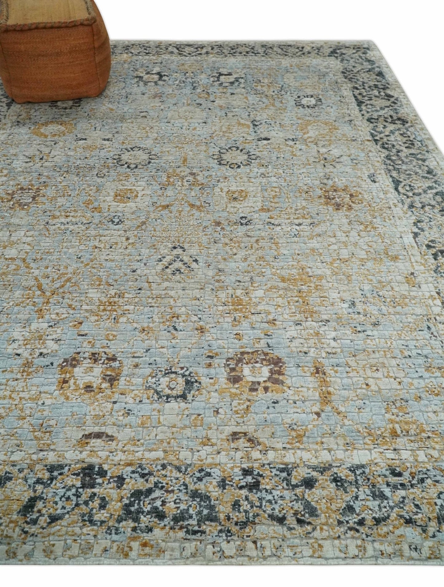 Antique look Aqua, Gold and Charcoal Hand Knotted Carved Texture Traditional Oriental Oushak 8x10 wool Area Rug