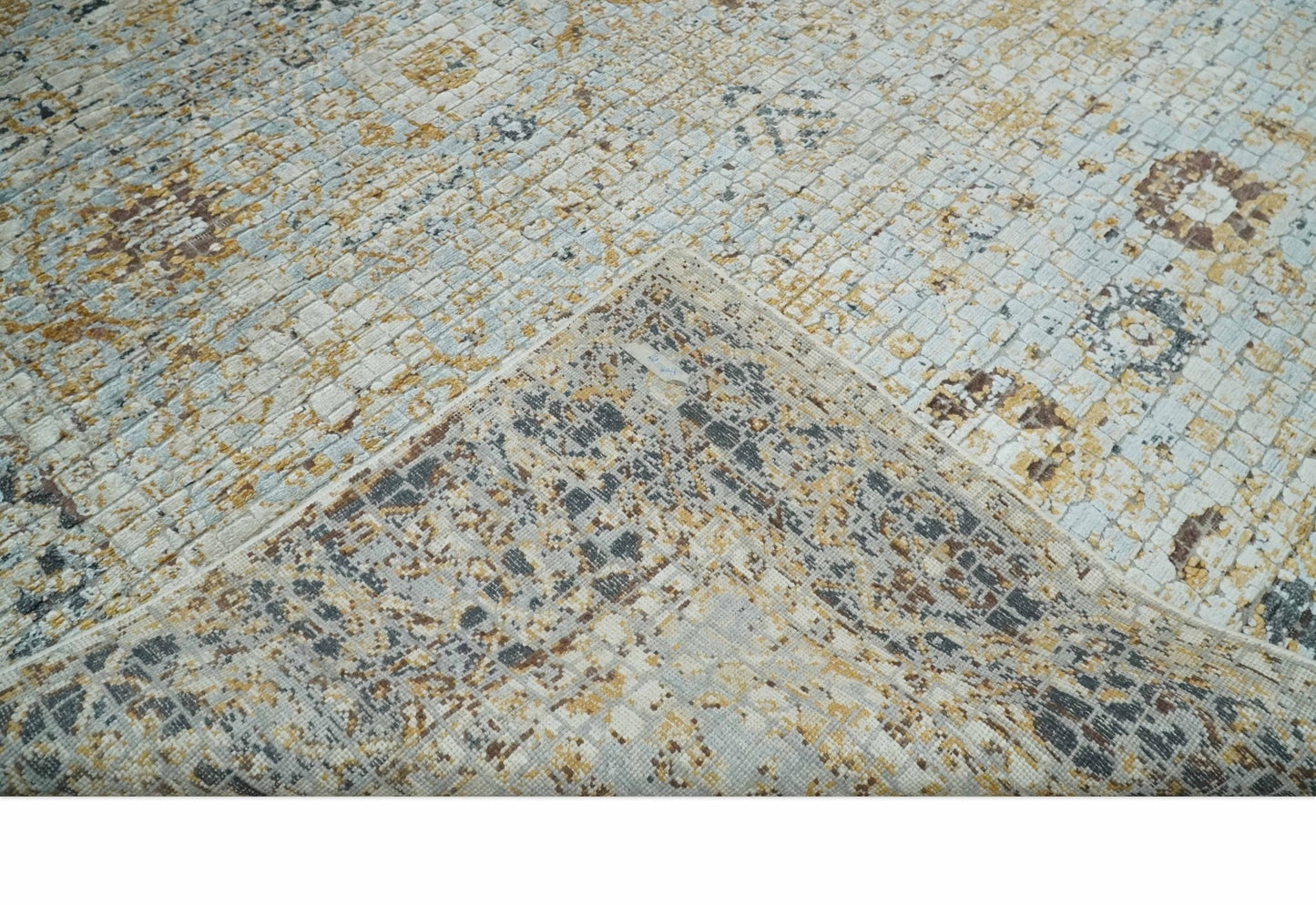 Antique look Aqua, Gold and Charcoal Hand Knotted Carved Texture Traditional Oriental Oushak 8x10 wool Area Rug