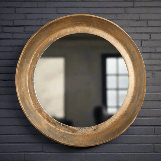 Antique Nickel Round Wall Mirror with Distressed Finish