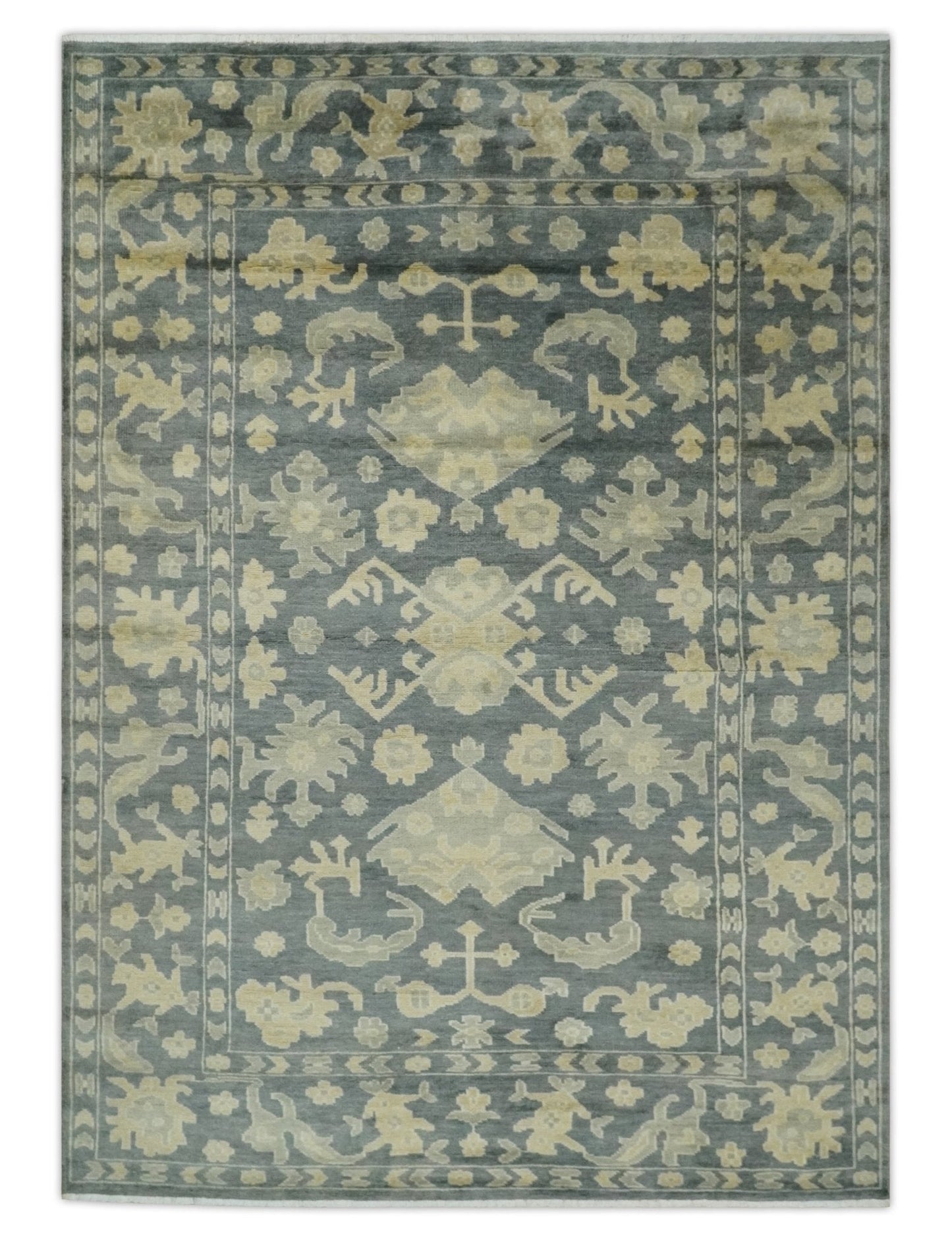 Antique Style 6x9 Hand Knotted Beige and Charcoal Traditional Wool Rug | N35669