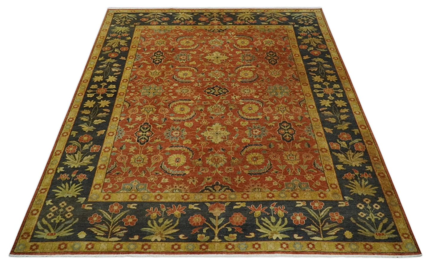 Antique Style 8x10 Rust, Black and Gold Hand Knotted Traditional Turkish Serapi Wool Area Rug
