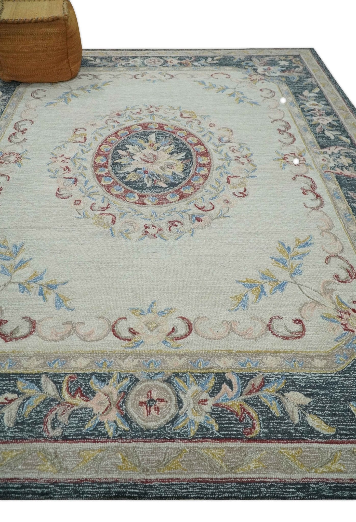 Antique Style Beige and Charcoal Aubusson design Hand Tufted 8x10 wool Area Rug