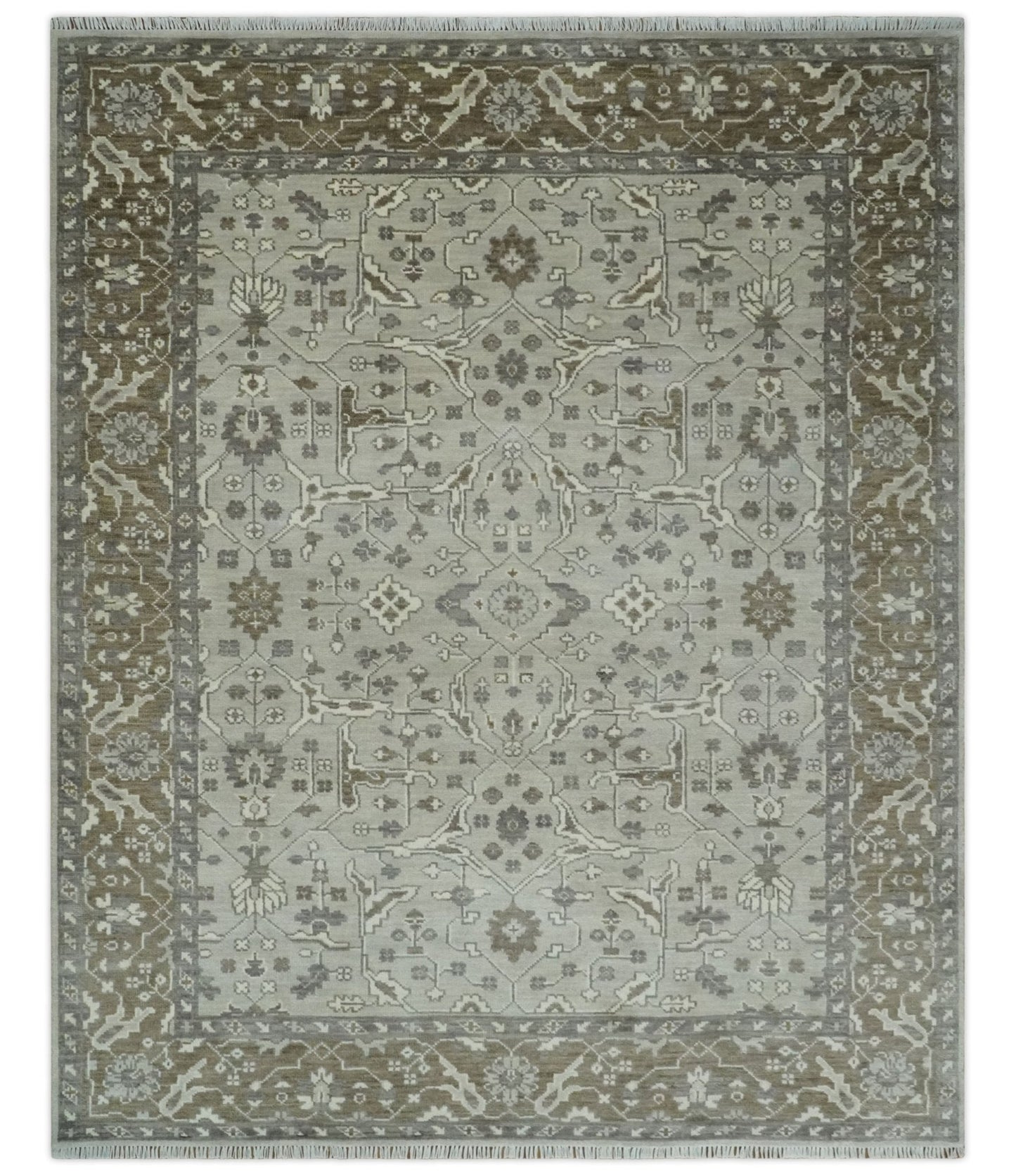 Antique Style Traditional Silver and Olive Oriental Oushak 8x10 wool Area Rug