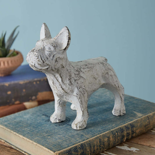Antique White French Bulldog Figurine in Cast Iron (Set of 2)