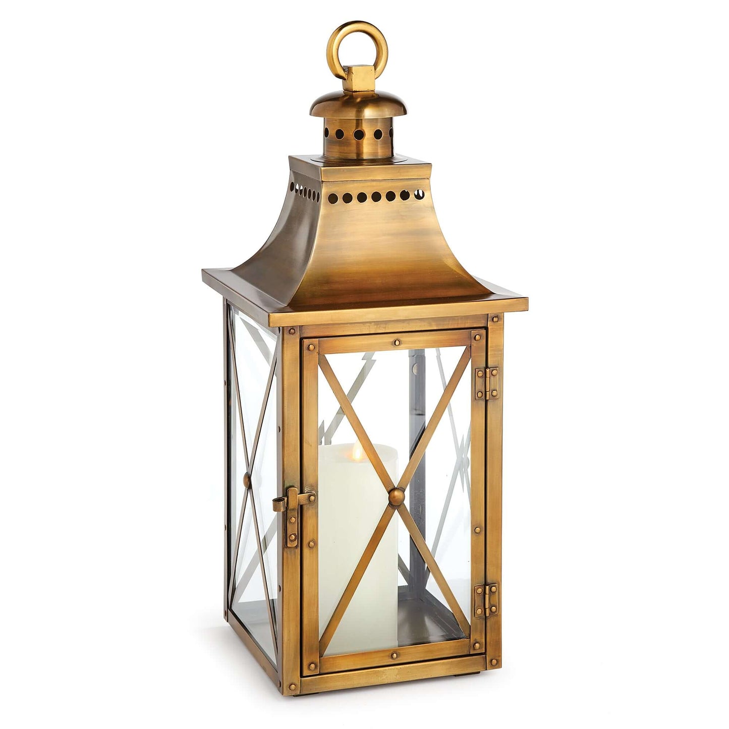 Antique Brass Lantern with Crossbar Glass and Hanging Ring