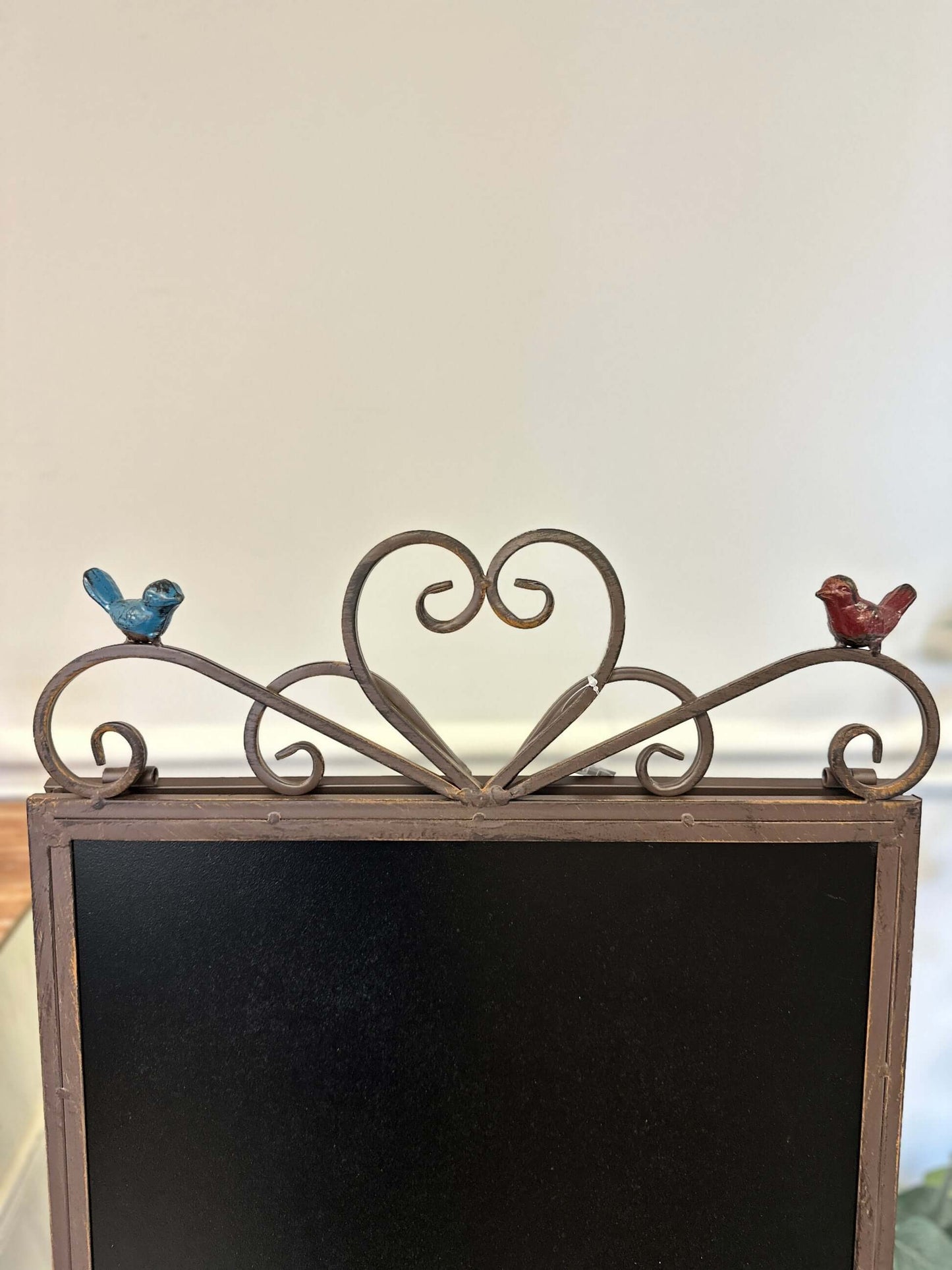 Antique Iron Chalkboard Easel with Heart Scroll and Birds