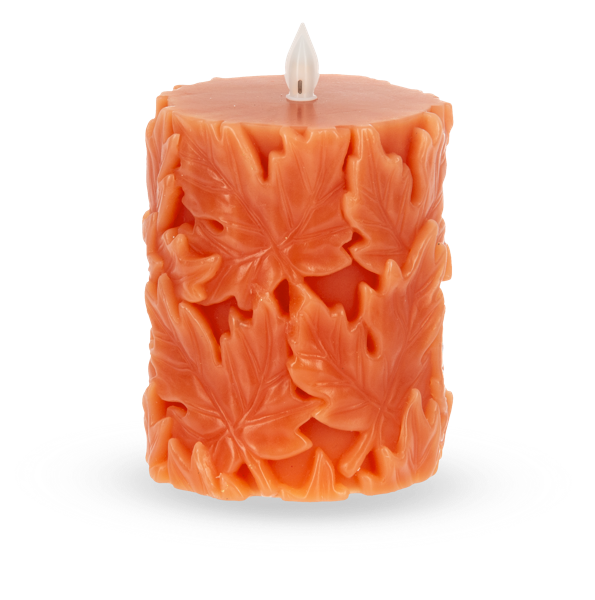 Orange Engraved Leaf LED Flameless Pillar Candle | 2 Sizes