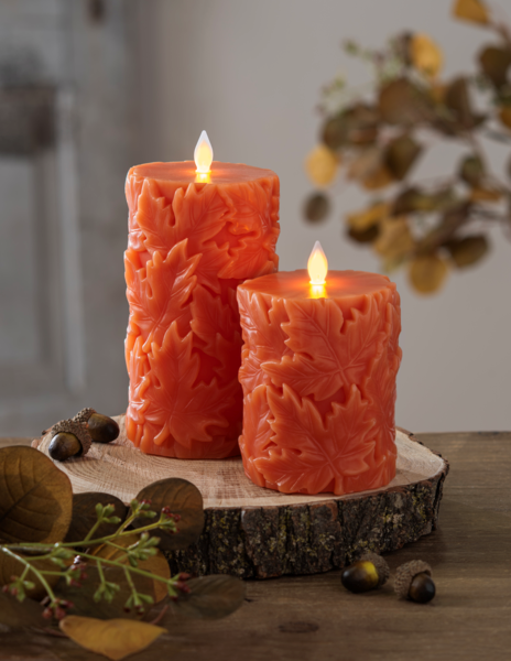 Orange Engraved Leaf LED Flameless Pillar Candle | 2 Sizes