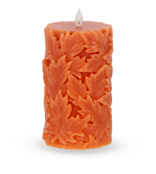 Orange Engraved Leaf LED Flameless Pillar Candle | 2 Sizes