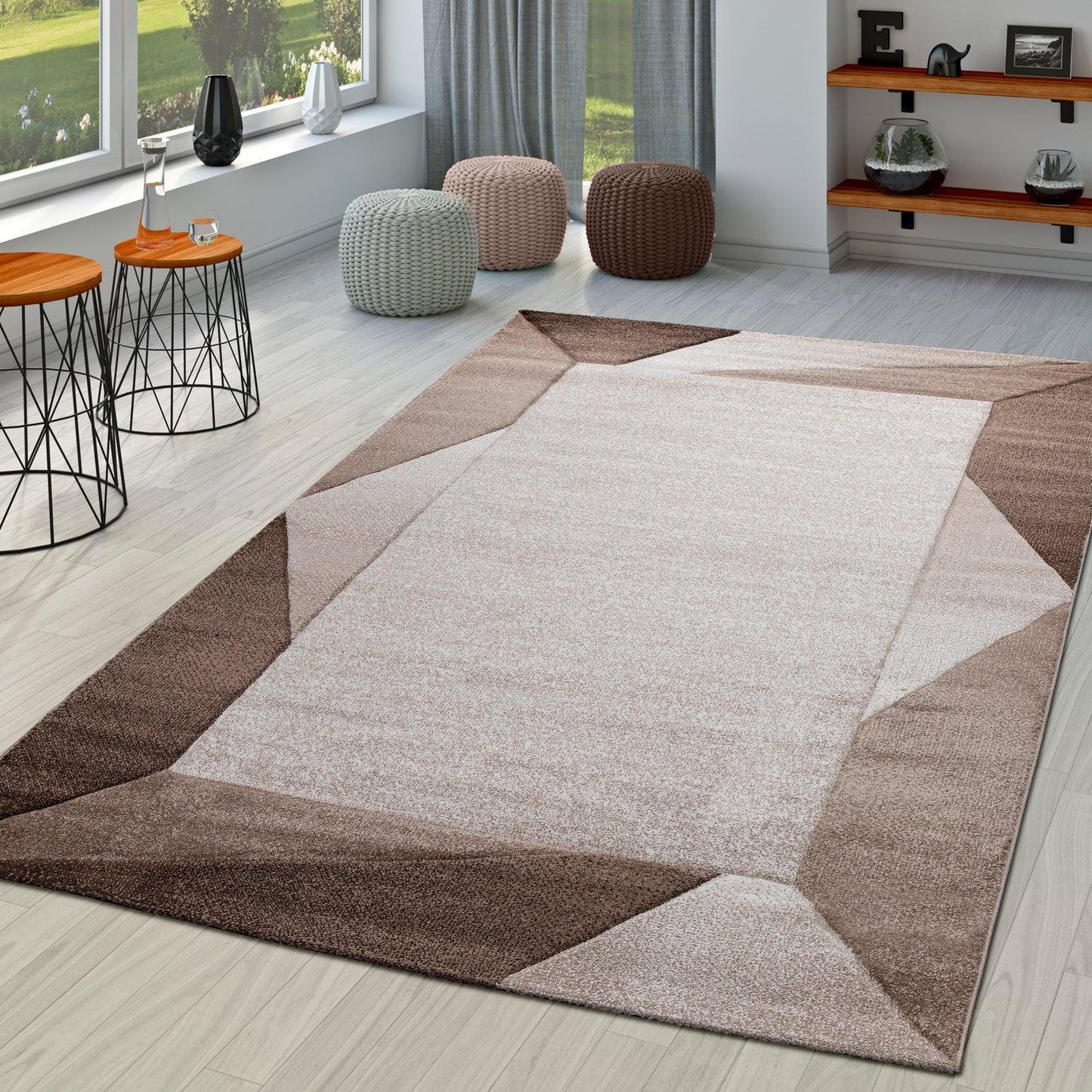 Living Room Rug Madeira Bordered with Geometric Pattern - Brown Beige