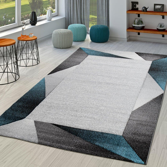 Living Room Rug Madeira Bordered with Geometric Pattern - Grey Blue