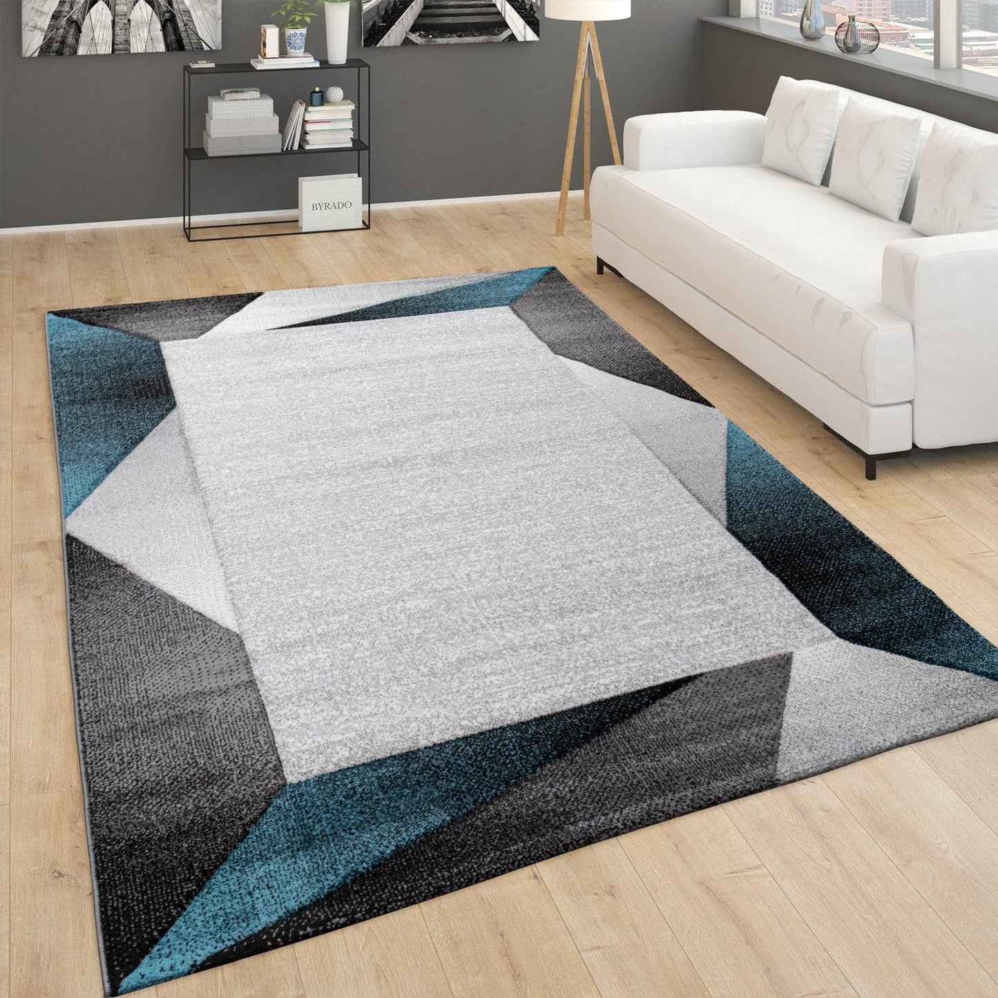 Living Room Rug Madeira Bordered with Geometric Pattern - Grey Blue