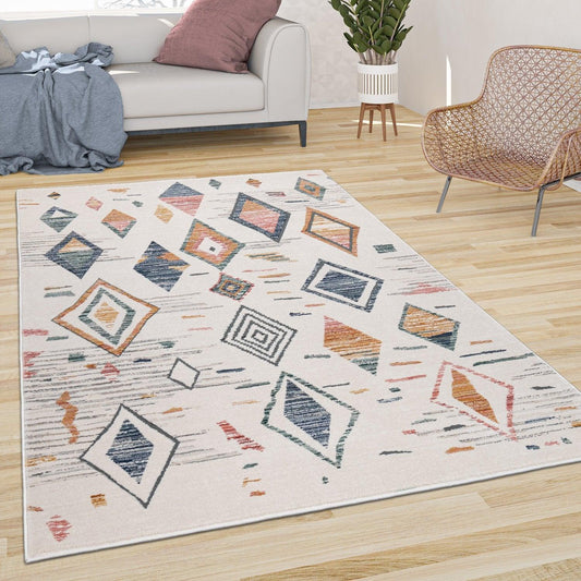 Area Rug Cream Low-Pile Boho Style Colorful Diamond Pattern