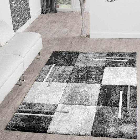 Area Rug Madeira Checkered with Contour Cut - Grey Black
