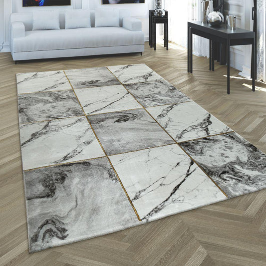 Area Rug Marble Pattern Checkered in Grey Gold Beige