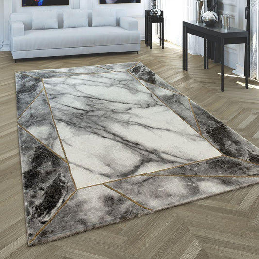 Area Rug Marble Pattern Hardwearing in Grey Gold Beige