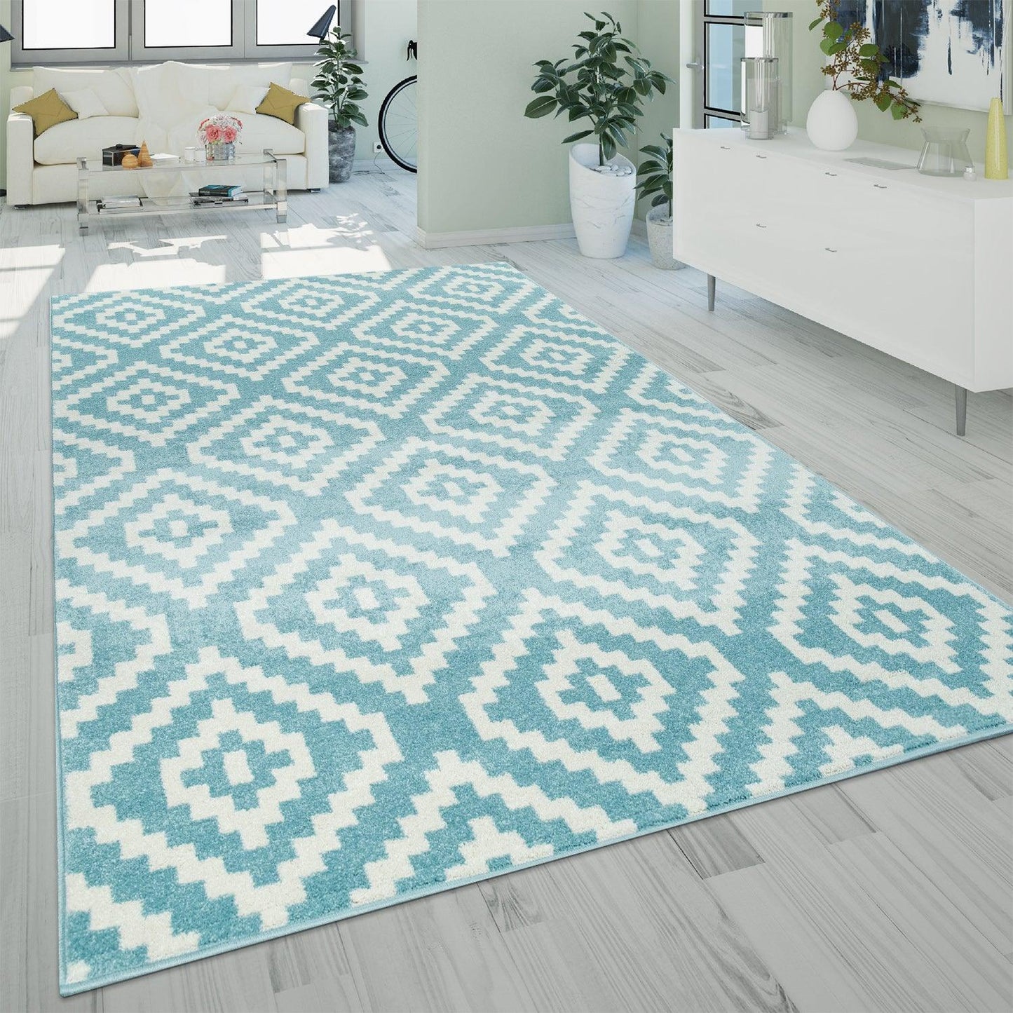 Area Rug Stella Moroccan Diamond Pattern - Pastel Blue White