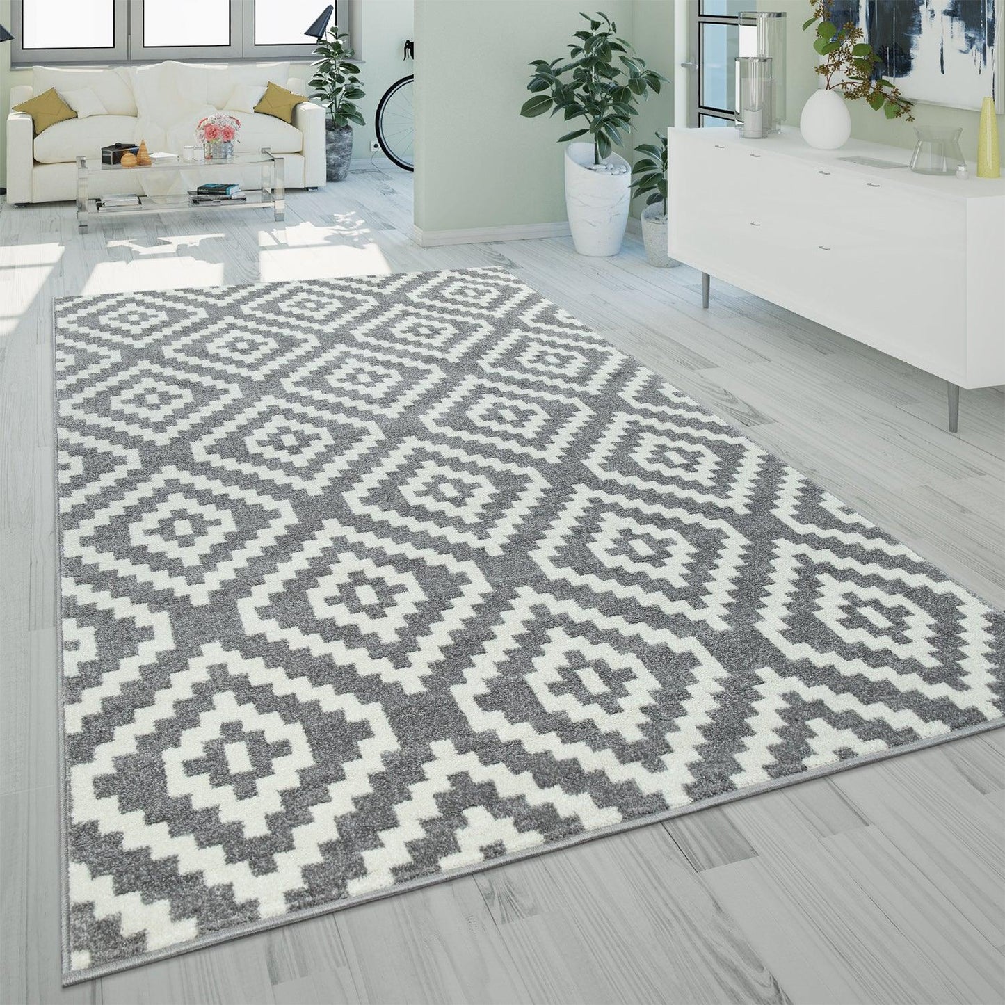 Area Rug Stella Moroccan Diamond Pattern - Pastel Grey White