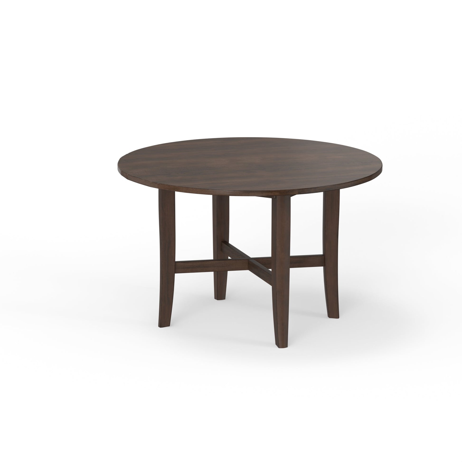 Arendal Round Table in burnished dark oak with a rustic industrial design, perfect for casual dining.
