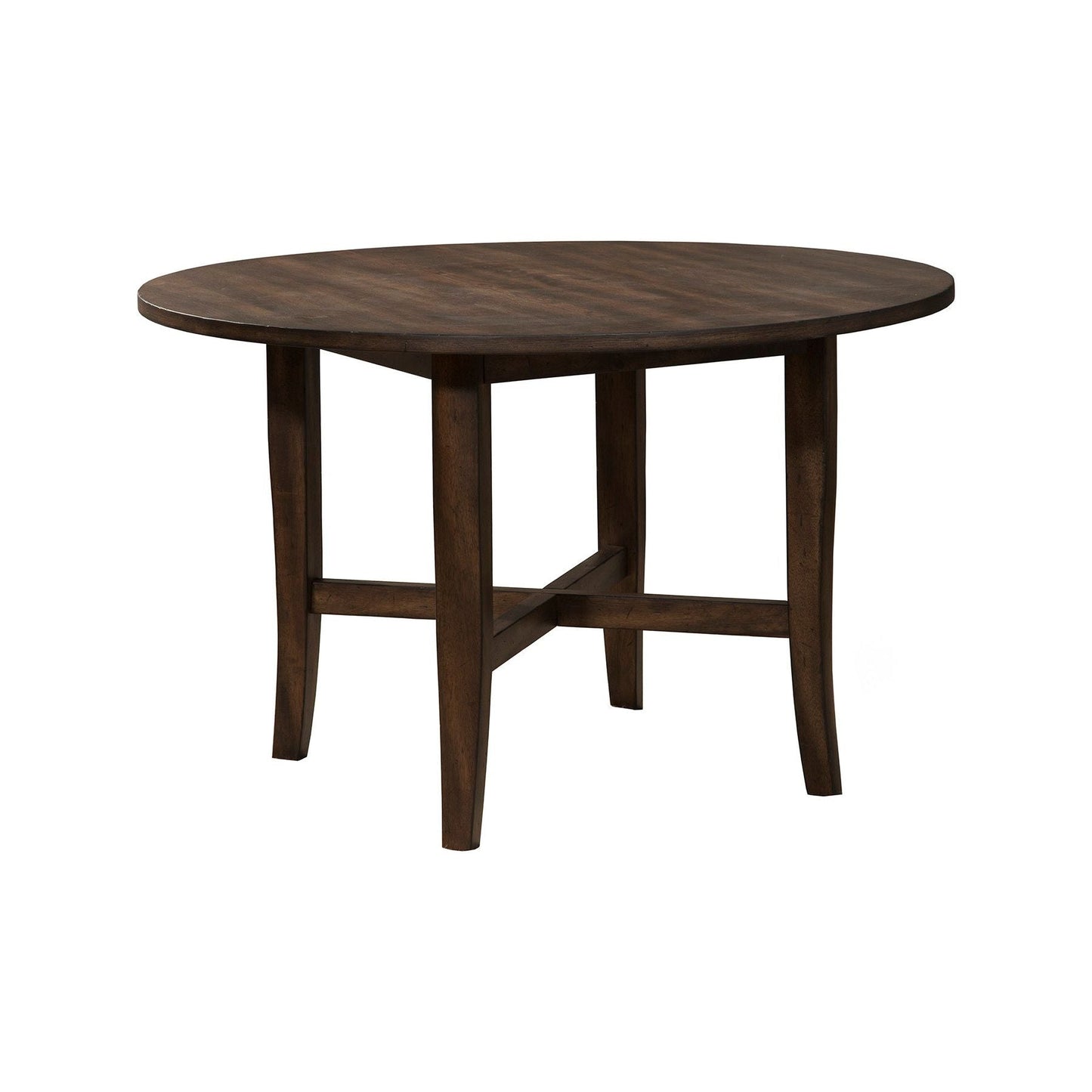 Arendal Round Table in Dark Burnished Oak with rustic and industrial style, perfect for casual dining.