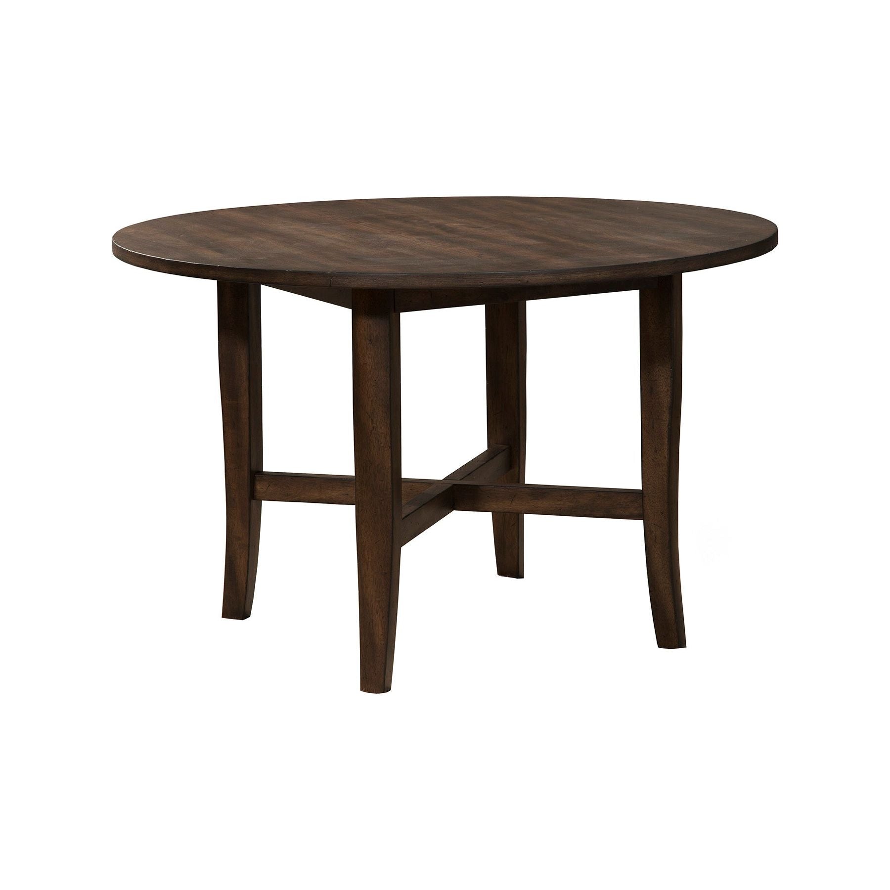 Arendal Round Table in Dark Burnished Oak with rustic and industrial style, perfect for casual dining.