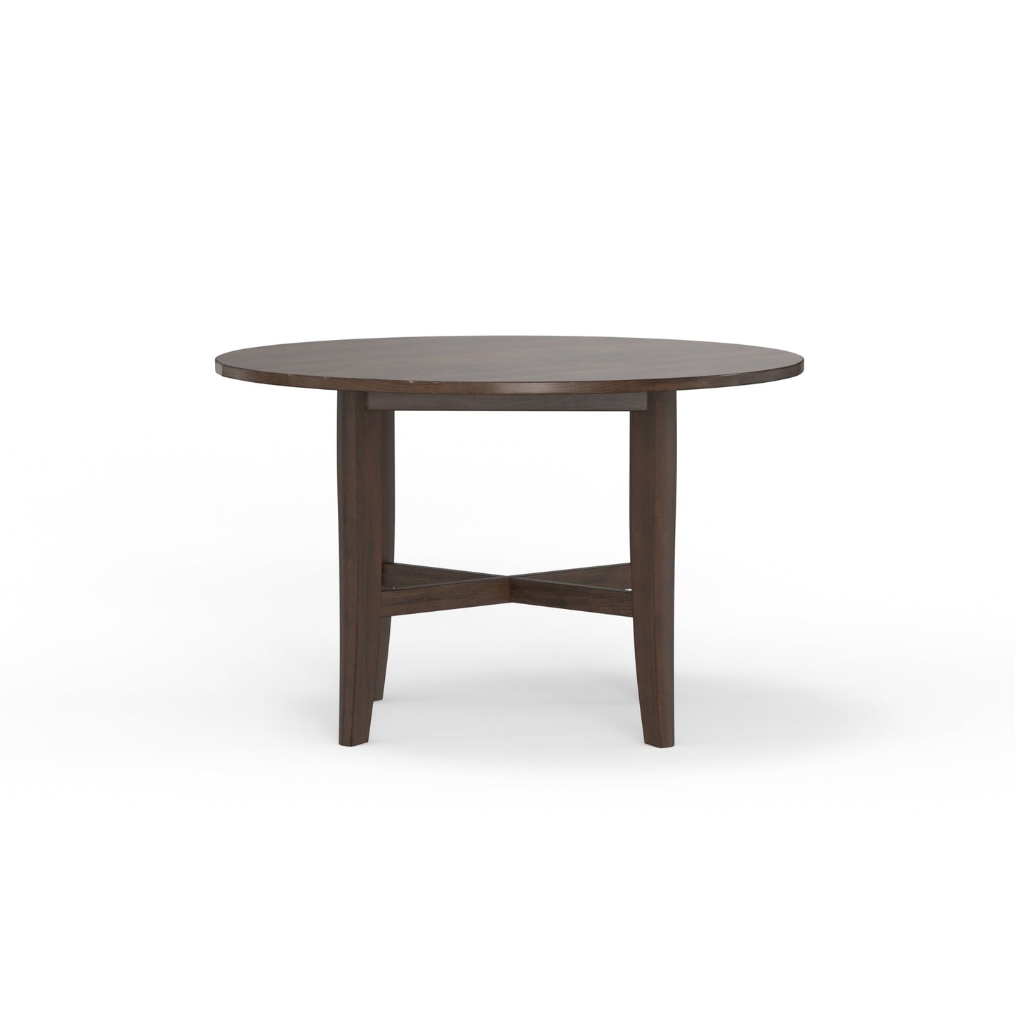 Arendal Round Table in burnished dark oak finish, featuring a round top and sturdy legs with a cross back design.