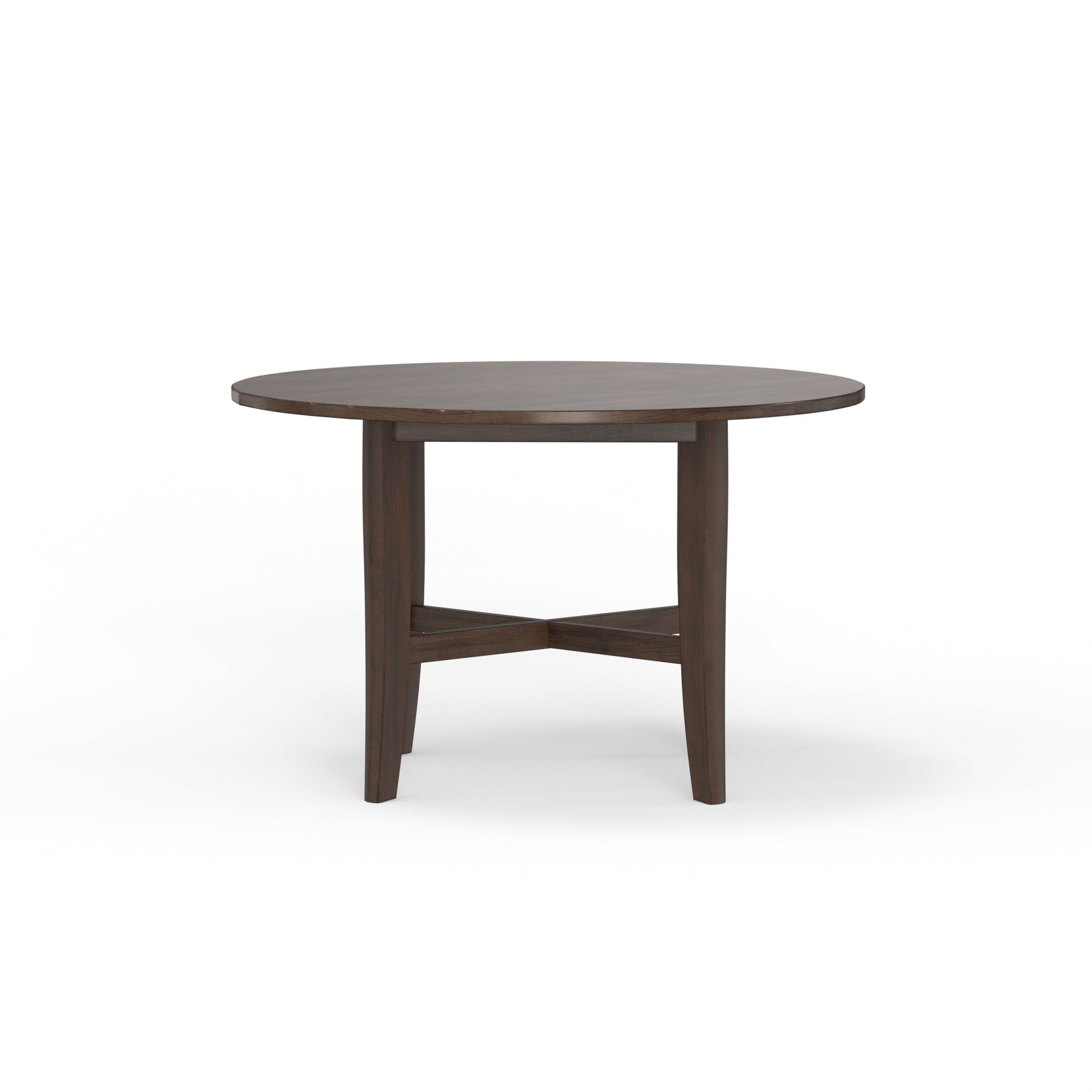 Arendal Round Table in burnished dark oak finish, featuring a round top and sturdy legs with a cross back design.