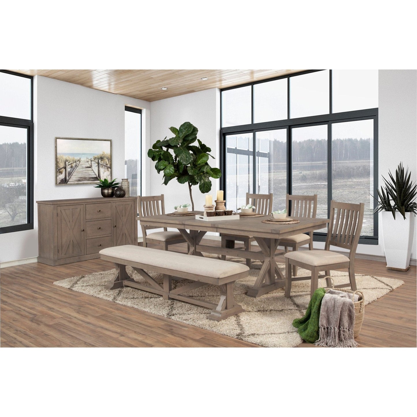 Elegant dining room featuring Arlo Sideboard, table, and chairs, with large windows and modern decor.