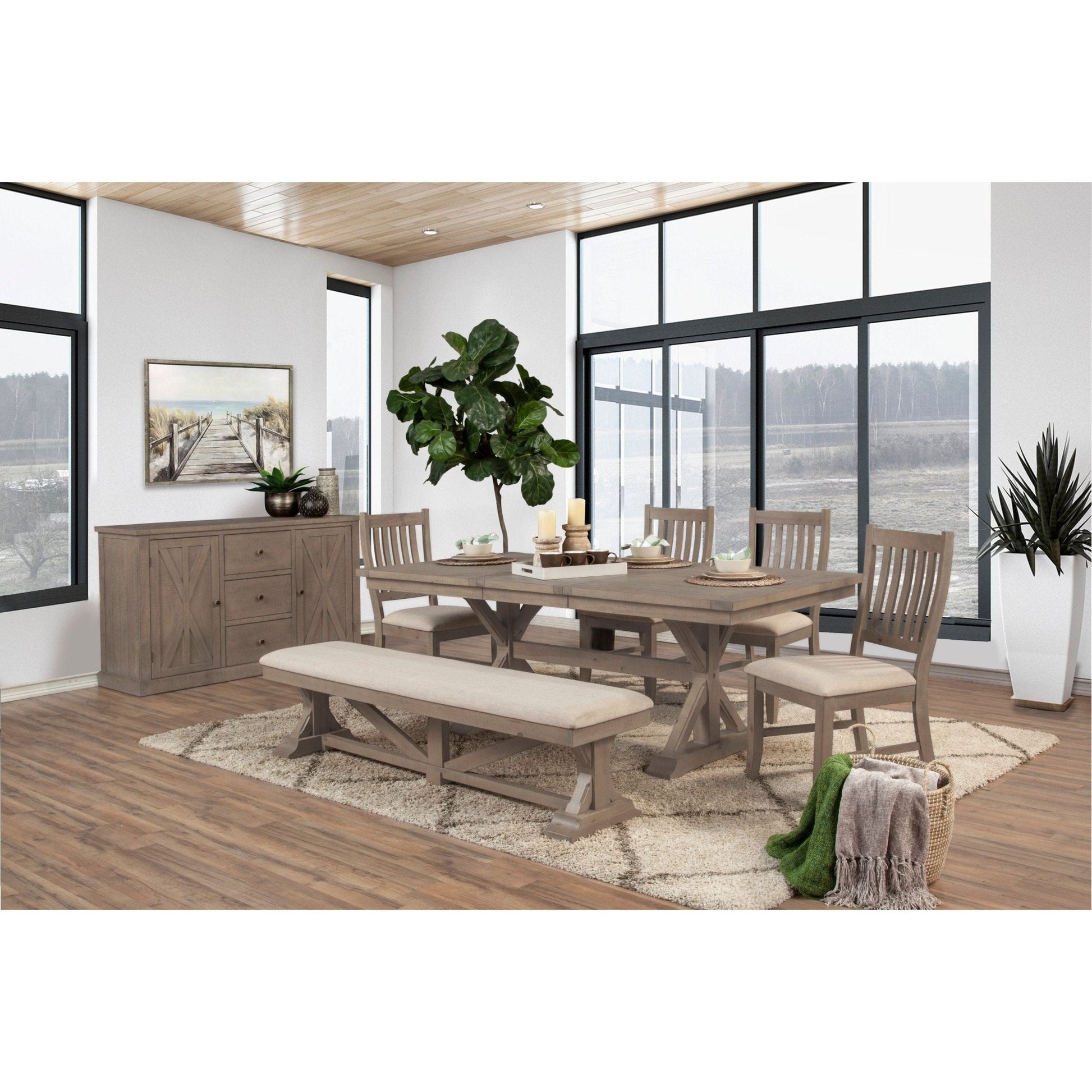 Elegant dining room featuring Arlo Sideboard, table, and chairs, with large windows and modern decor.