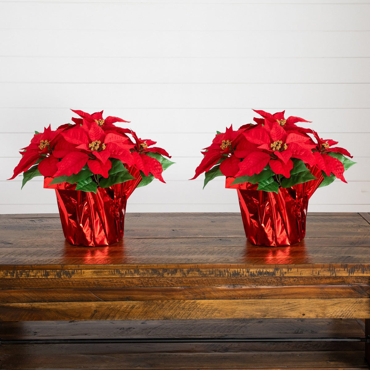 13" Artificial Poinsettia Arrangement in Red Wrapped Planter - Set of 2