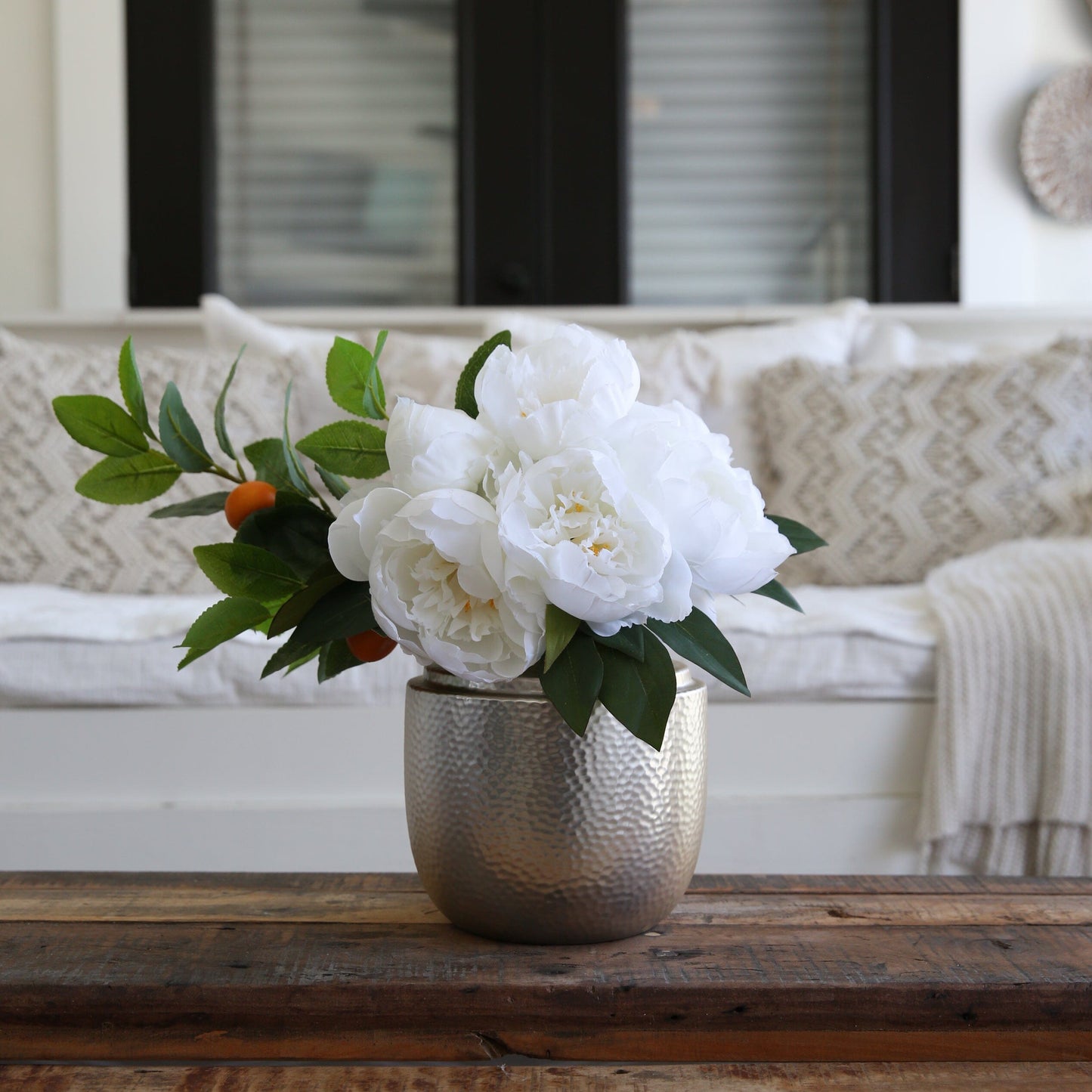 16” Artificial Peony Arrangement In Decorative Vase