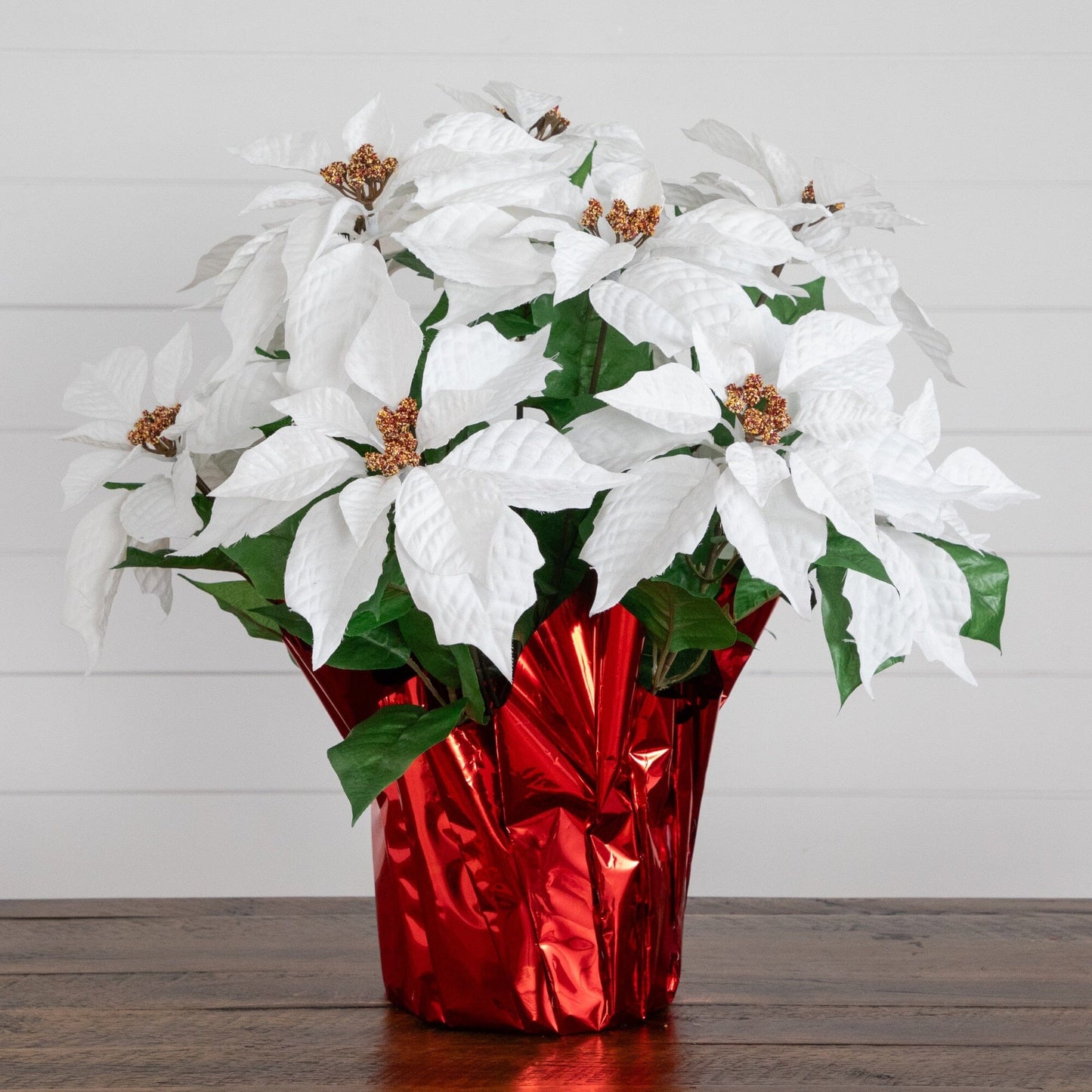 19” Artificial Lush White Poinsettia Arrangement in Red Wrapped Planter