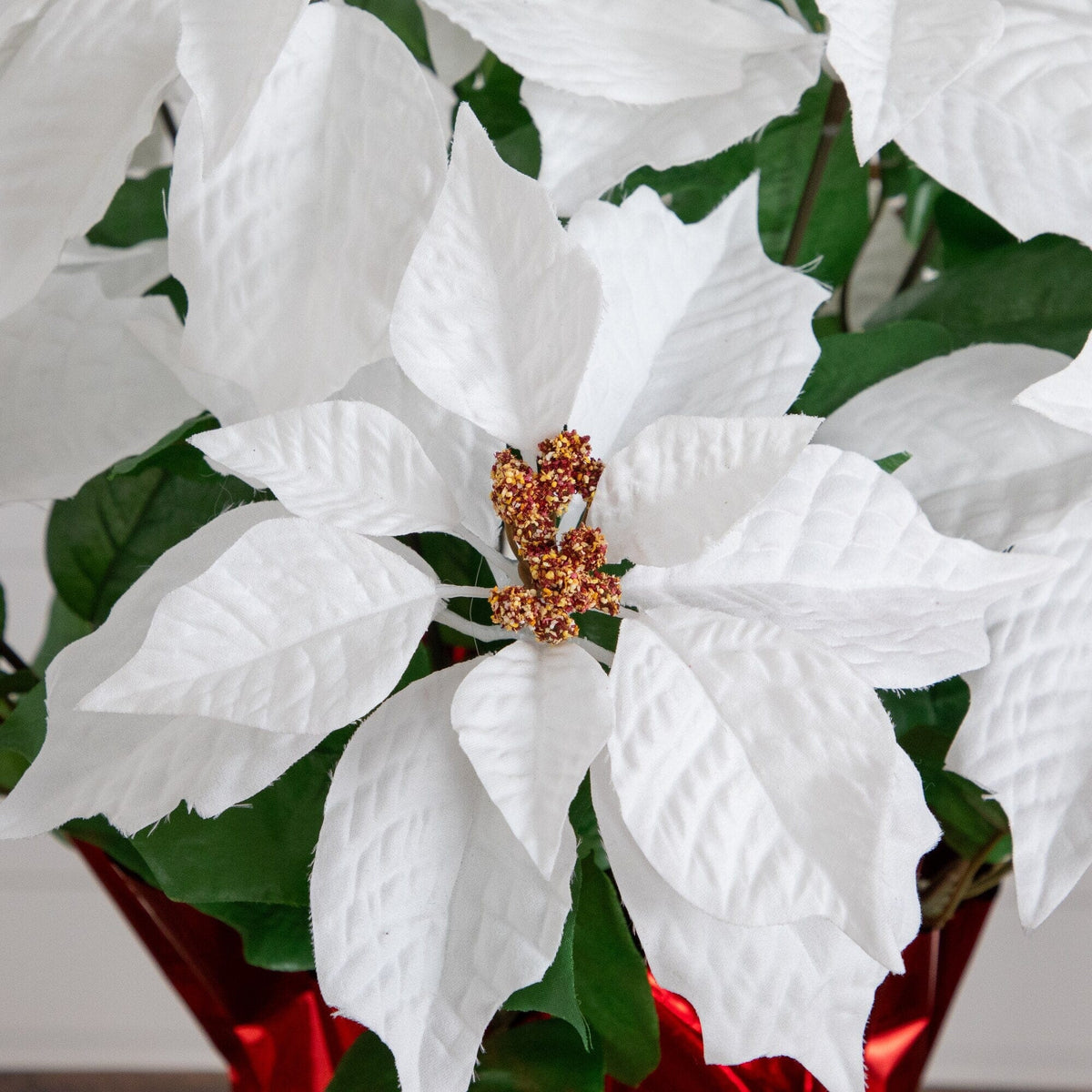 19” Artificial Lush White Poinsettia Arrangement in Red Wrapped Planter