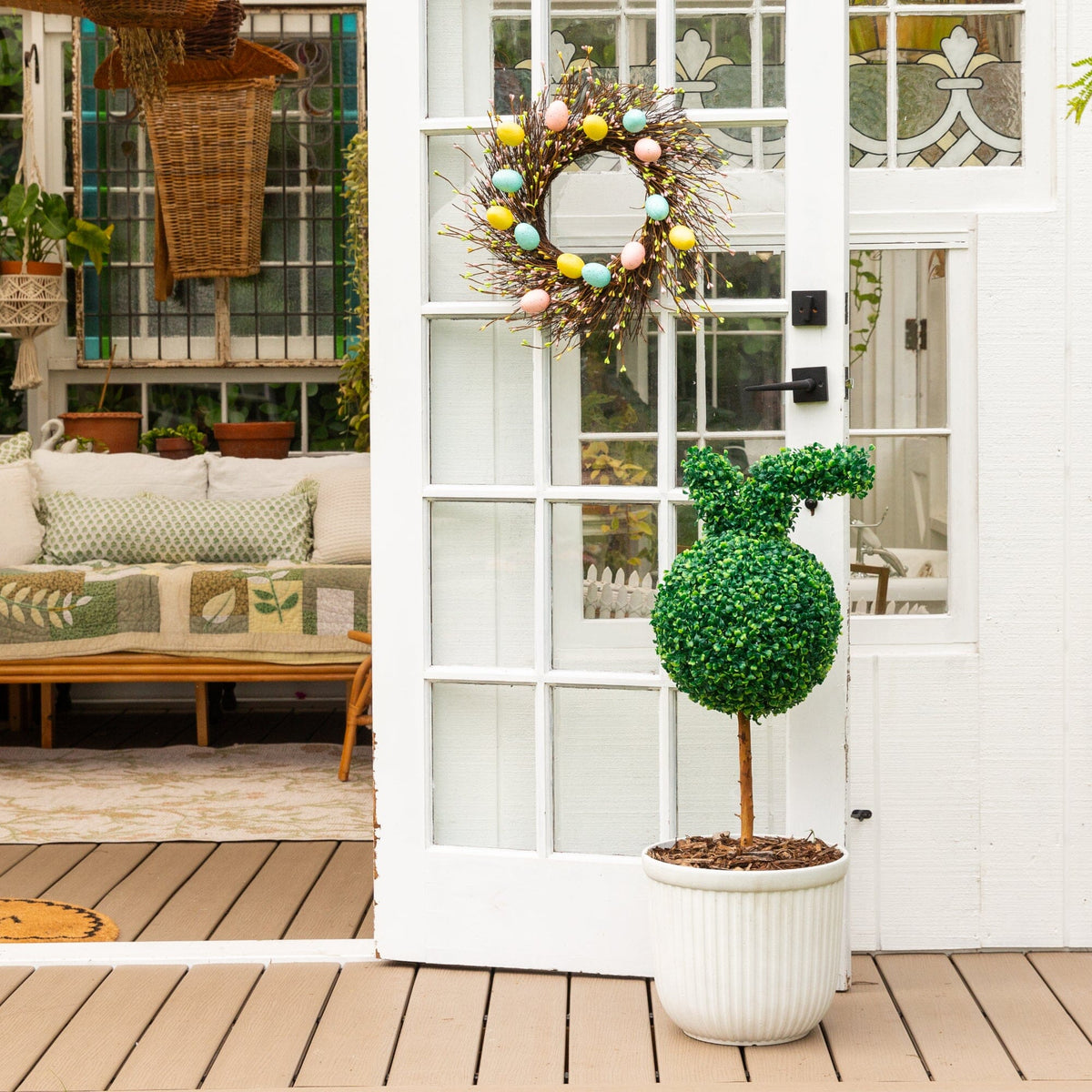 2' UV Resistant Artificial Easter Bunny Boxwood Topiary with Integrated Ground Stake (Indoor/Outdoor) - Set of 2