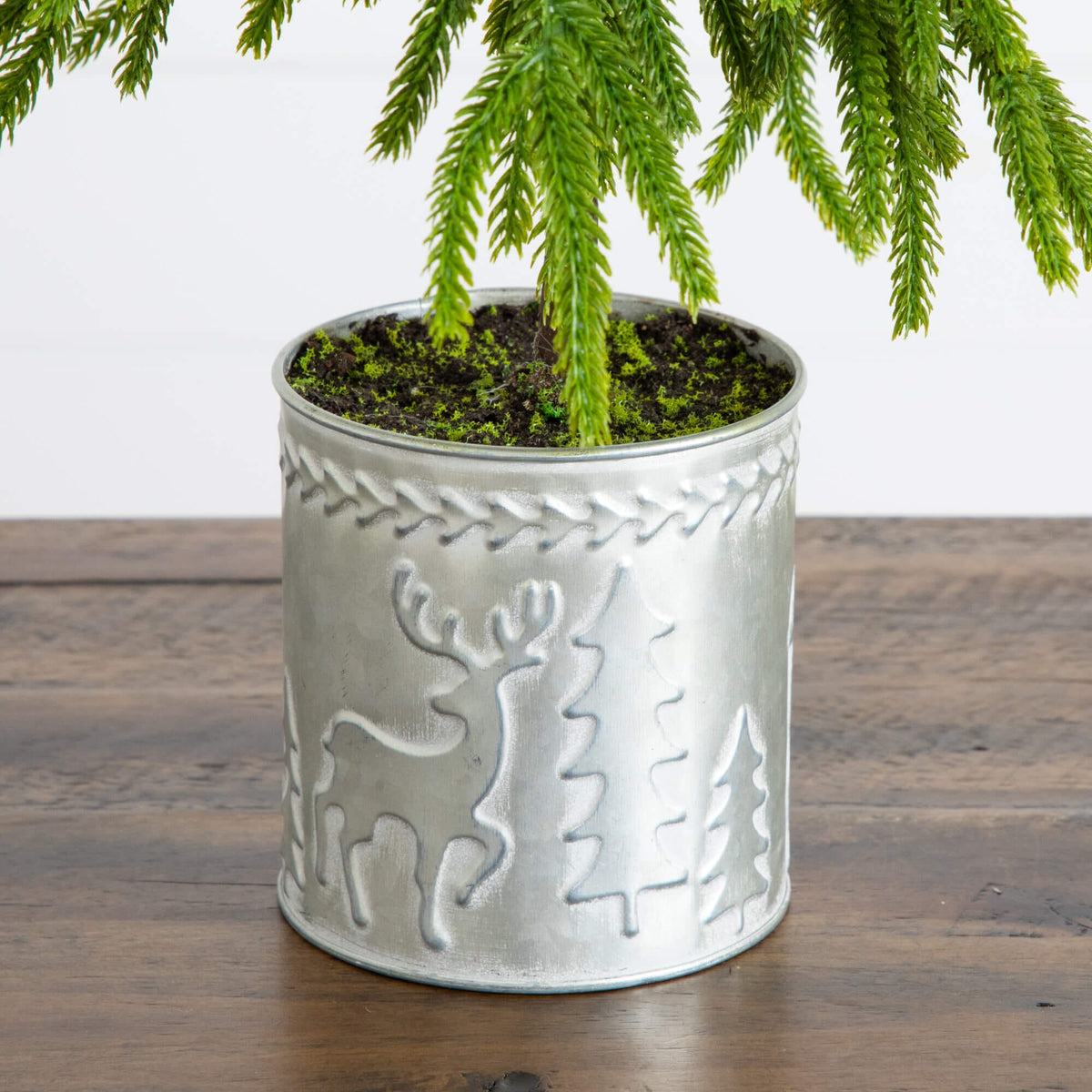 20" Artificial Real Touch Down Swept Norfolk Island Pine in Christmas Tin Metal Planter with Natural Look
