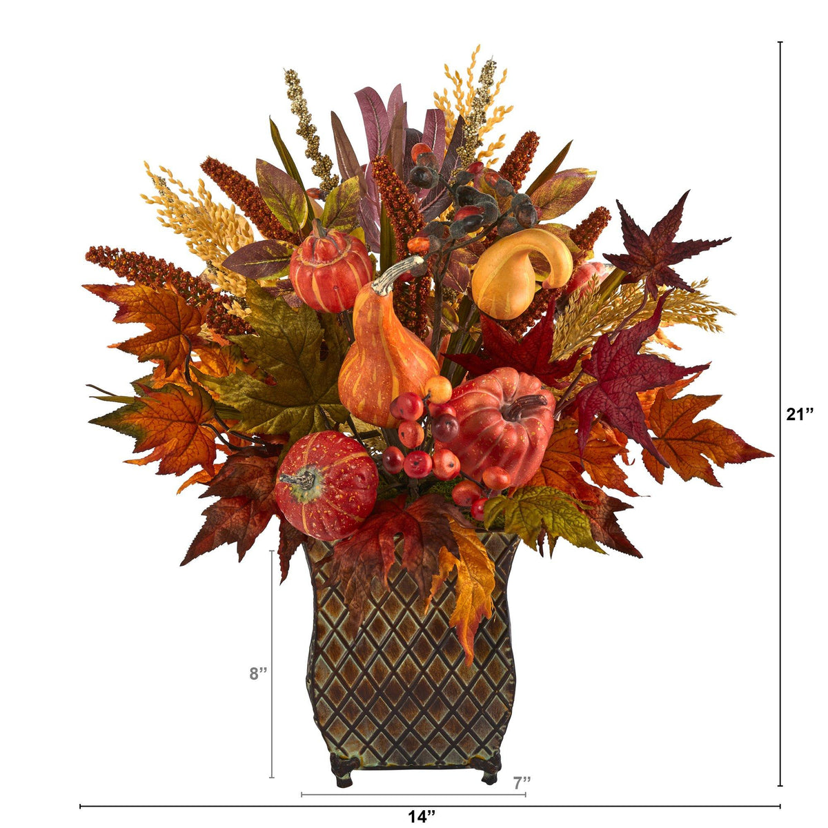 21” Pumpkin, Maple Leaf and Sorghum Harvest Artificial Arrangement in Metal Planter