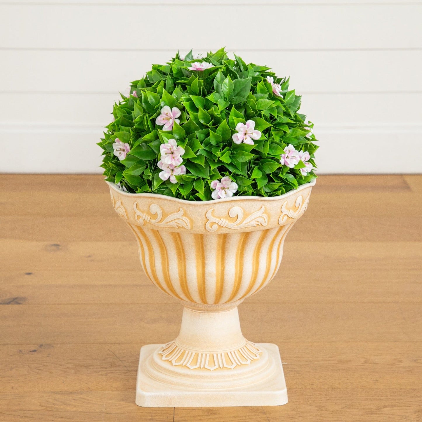 22” UV Resistant Artificial Pink Flowering Ball Topiary in Decorative Urn Planter (Indoor/Outdoor)