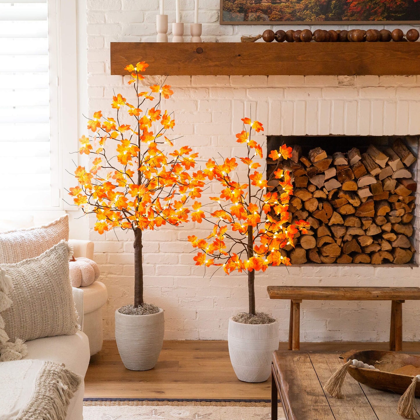 4' Pre-Lit Minimalist Autumn Maple Artificial Fall Tree with 56 LED Warm White & Orange Pumpkin Shaped Lights