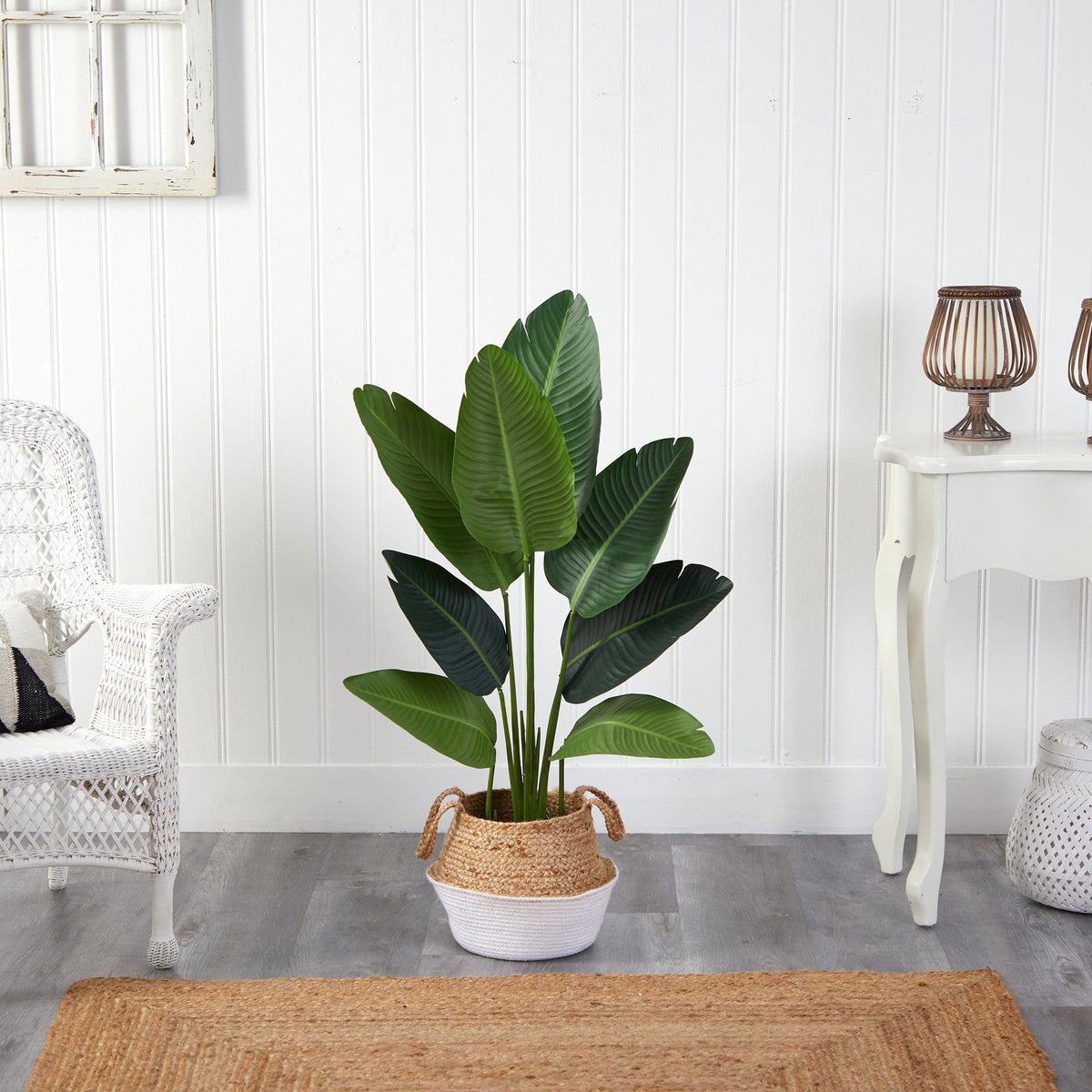 4’ Traveler's Palm Artificial Tree in Boho Chic Handmade Cotton & Jute White Woven Planter