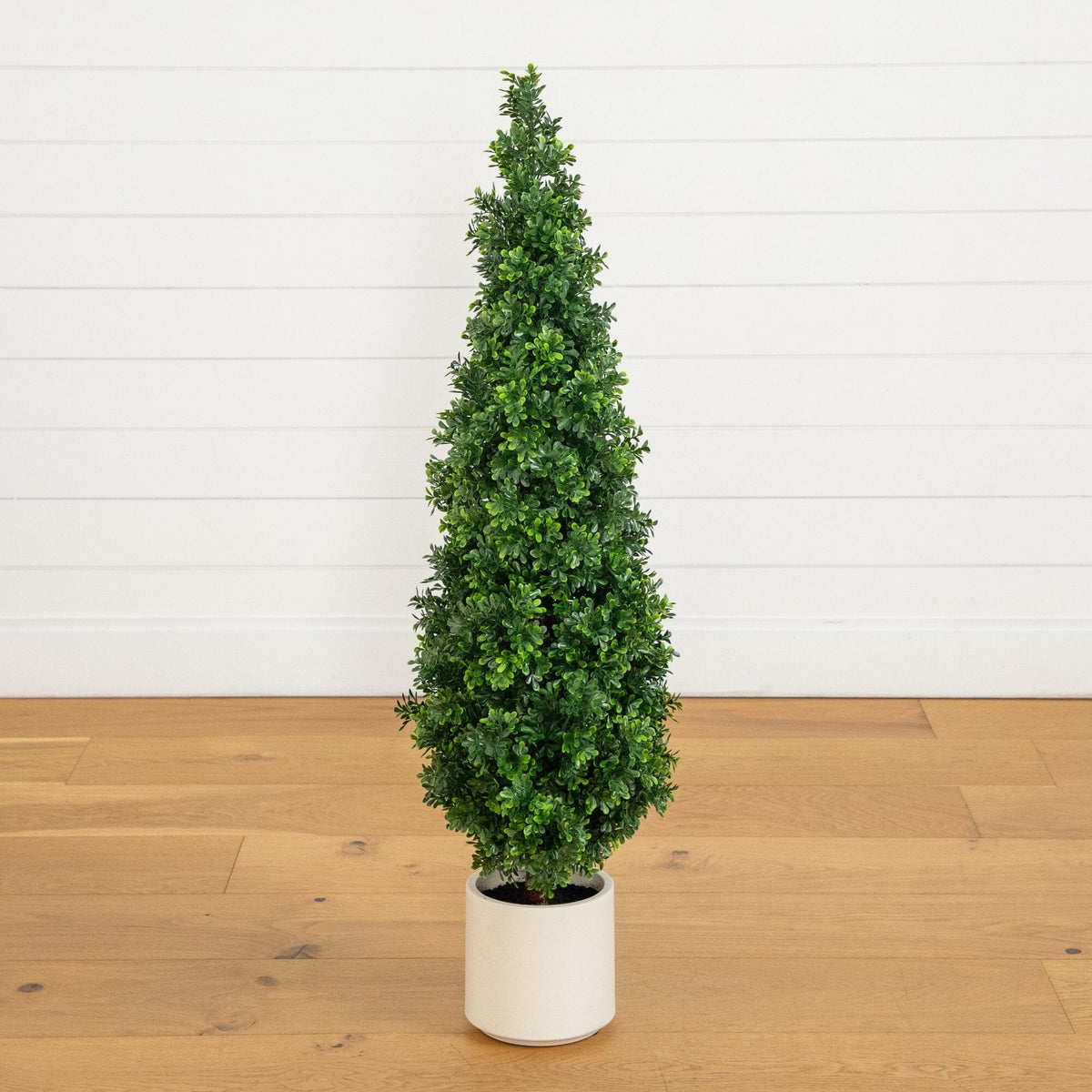 44" UV Resistant Artificial Boxwood Topiary Cone Tree in Decorative White Planter (Indoor/Outdoor)