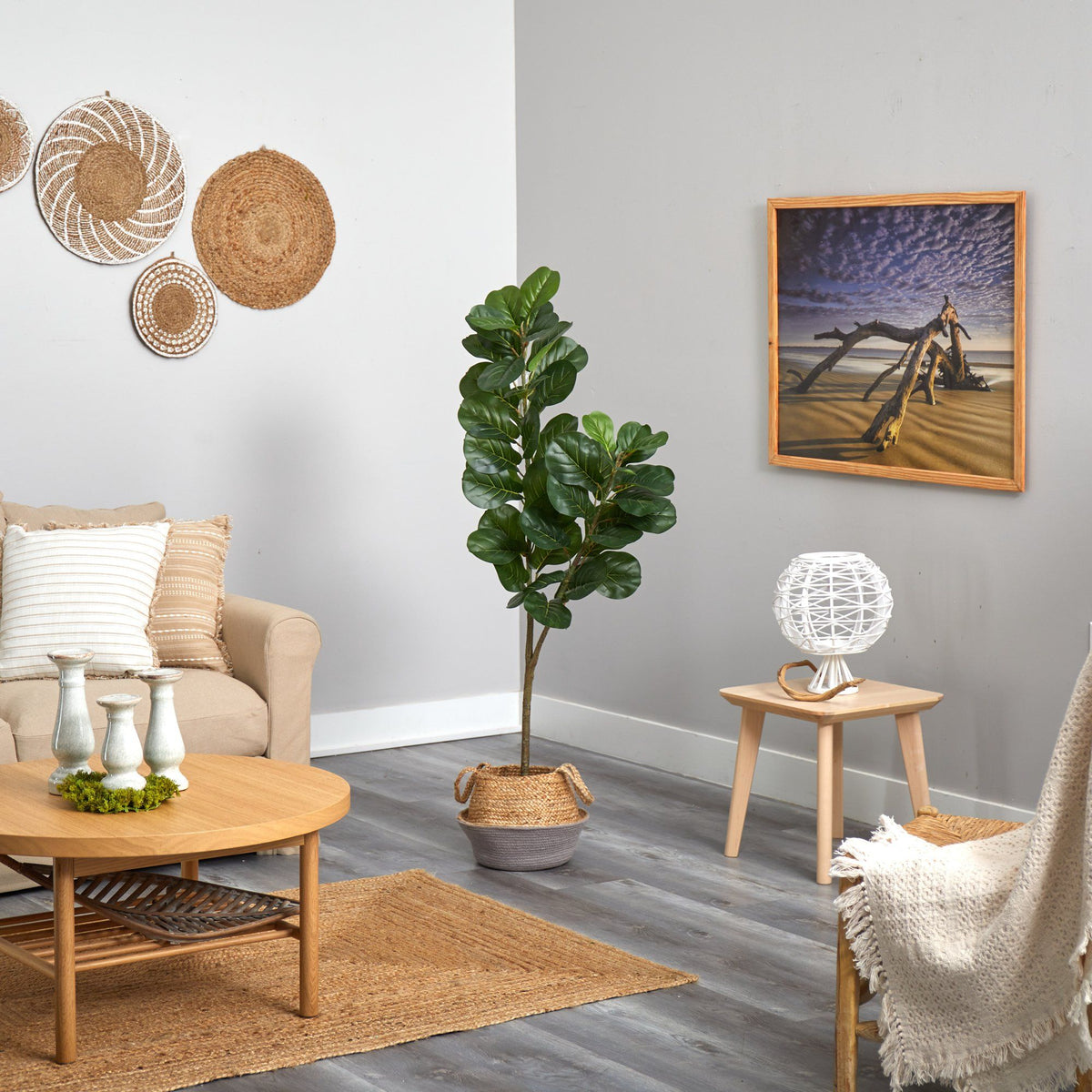 4.5’ Fiddle Leaf Fig Artificial Tree with Boho Chic Handmade Cotton and Jute White Woven Planter
