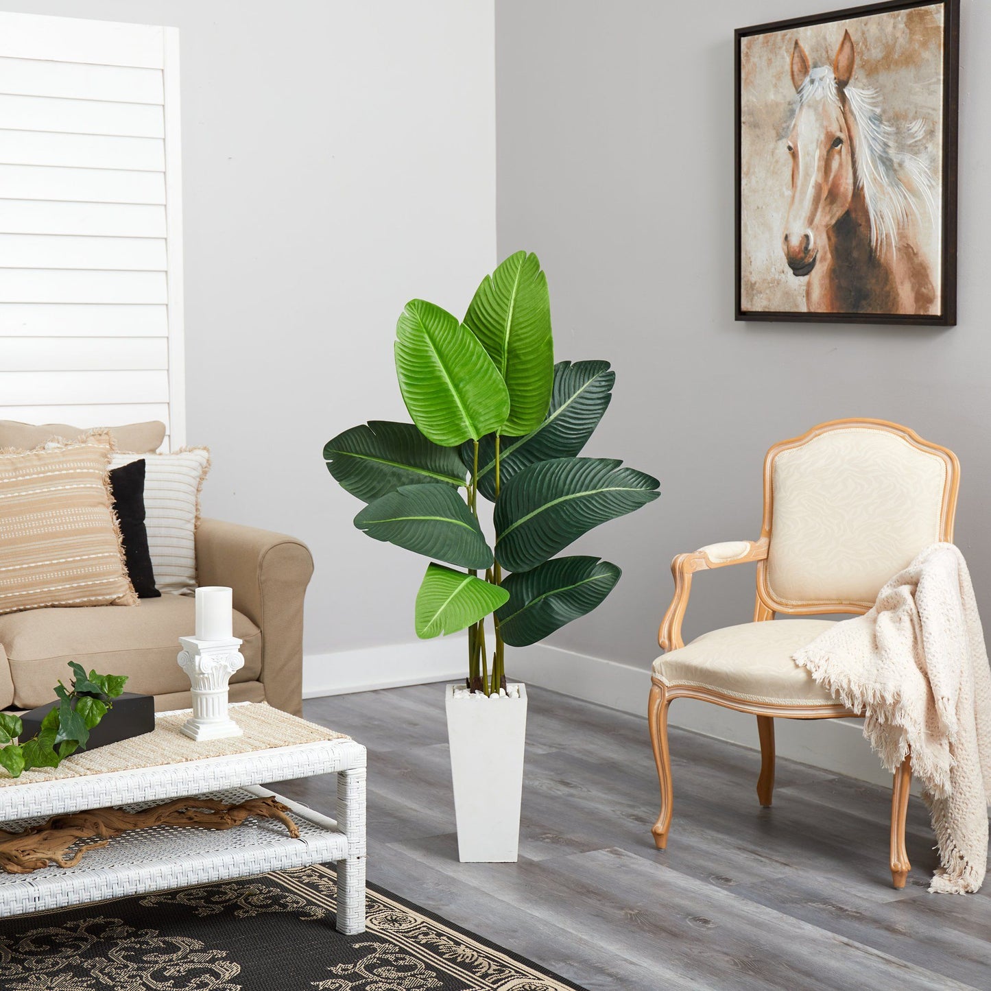 4.5’ Traveler's Palm Artificial Tree in White Planter