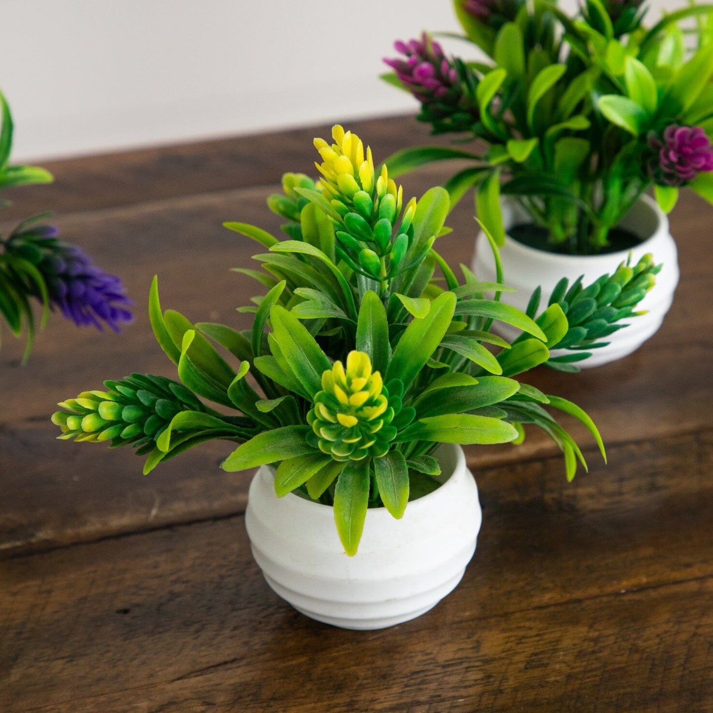 5” Artificial Mini Flowering Plant in White Decorative Oval Planter  - Set of 4