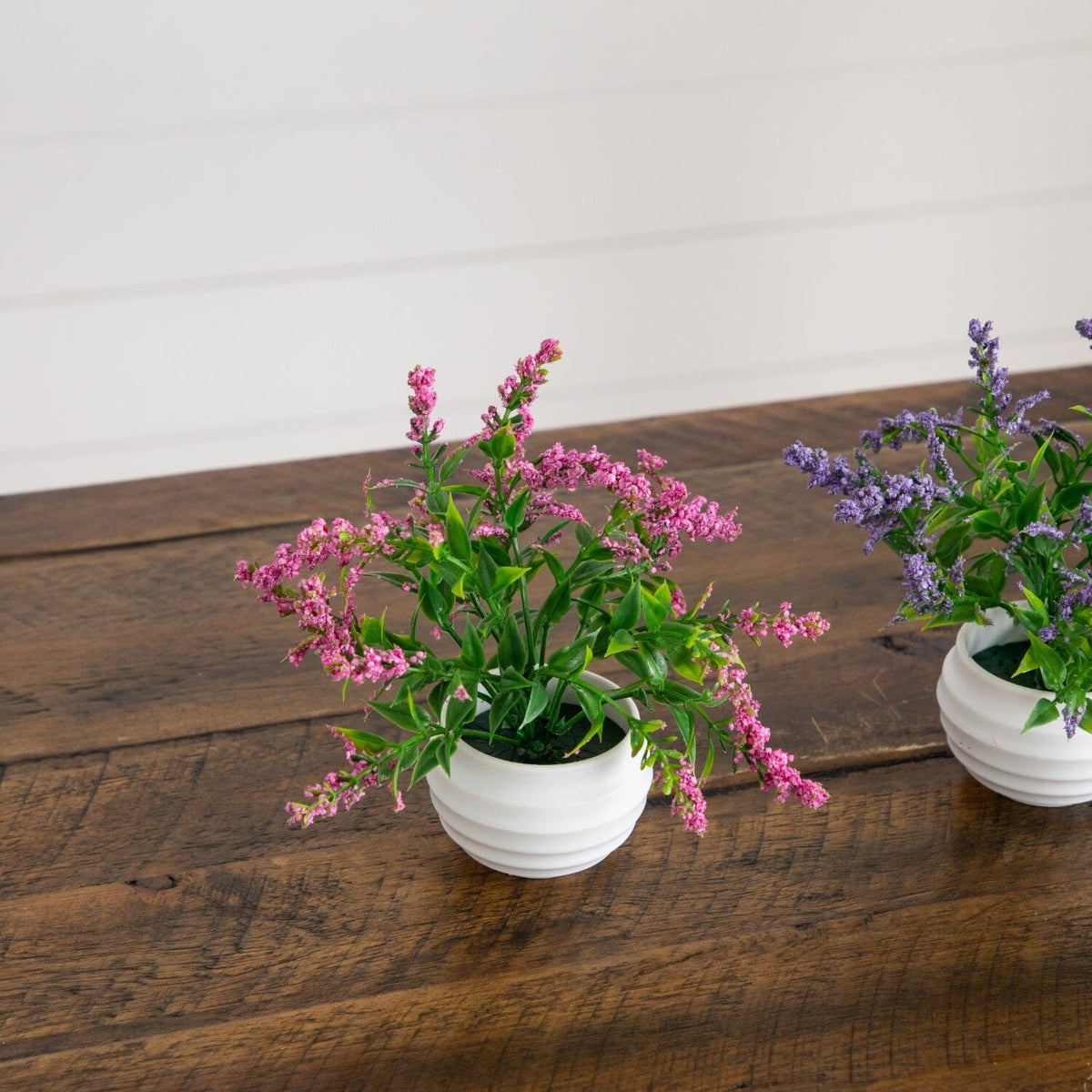 5” Artificial Mini Lavender Plant in White Decorative Oval Planter - Set of 3