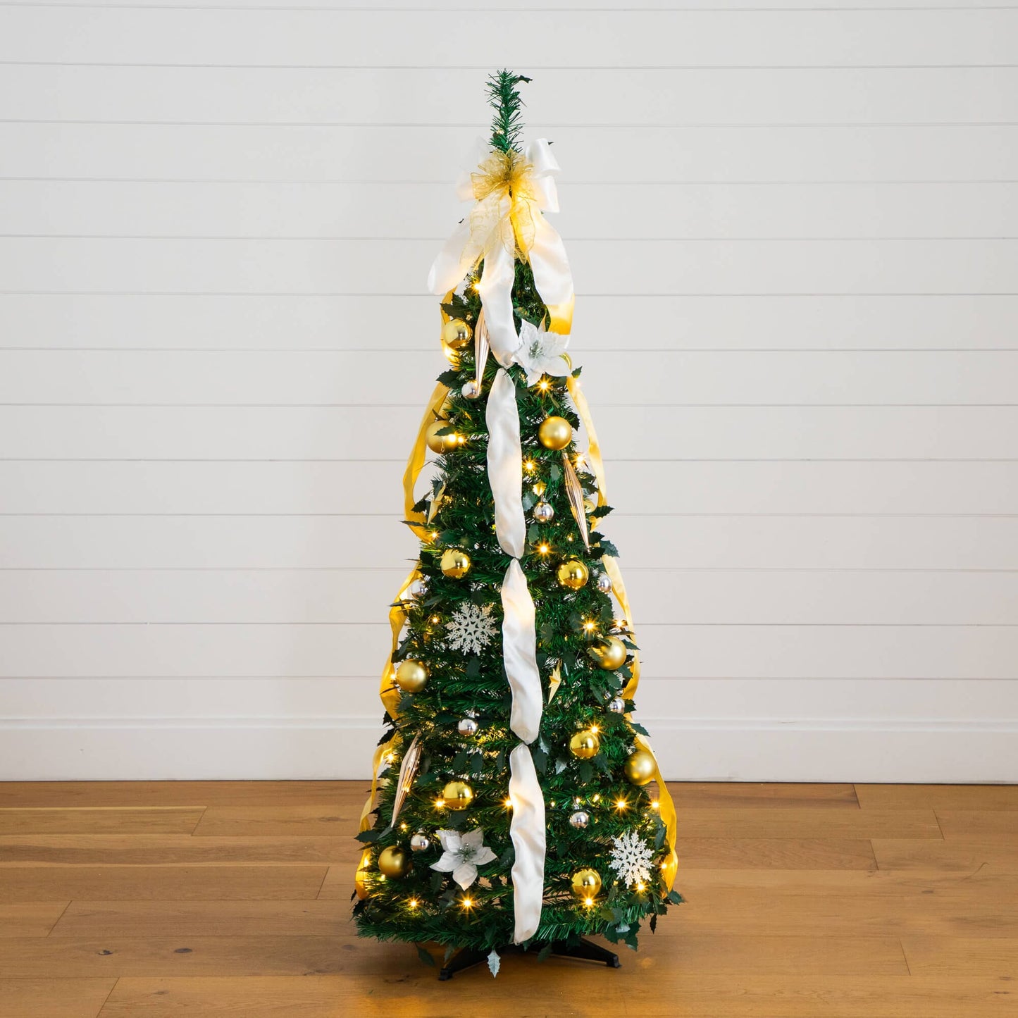 5' Pre-Lit Artificial Pop up Christmas Tree with Gold & Silver Ornaments, Ribbons and 100 Warm White LED Lights