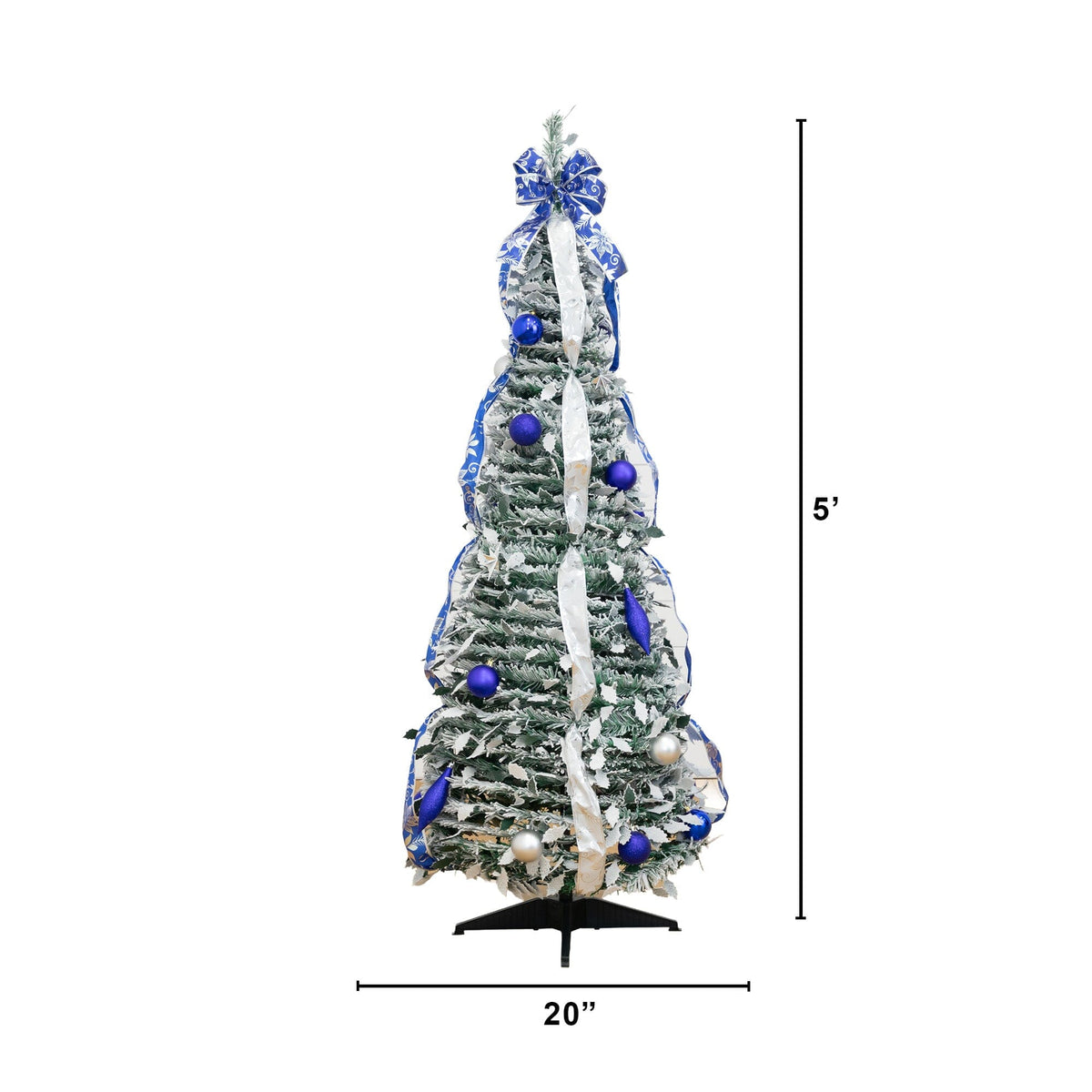 5' Pre-Lit Artificial Pop Up Flocked Christmas Tree with Silver & Blue Ornaments, Ribbons  and 100 Warm White LED Lights