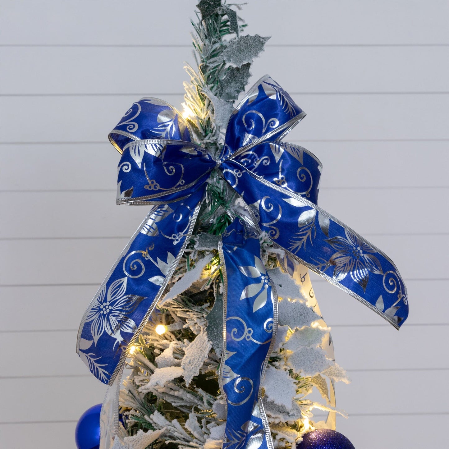 5' Pre-Lit Artificial Pop Up Flocked Christmas Tree with Silver & Blue Ornaments, Ribbons  and 100 Warm White LED Lights