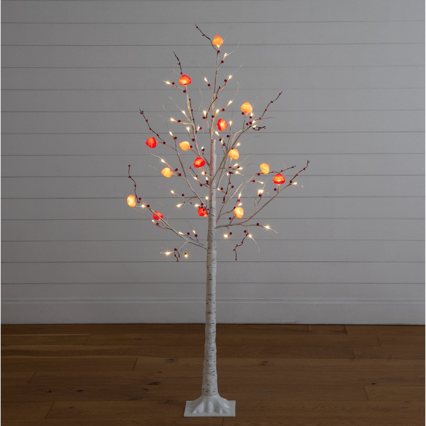5' Pre-Lit Artificial Valentine's Day Twig Tree with 72 Heart Shaped LED Lights and Red Berries
