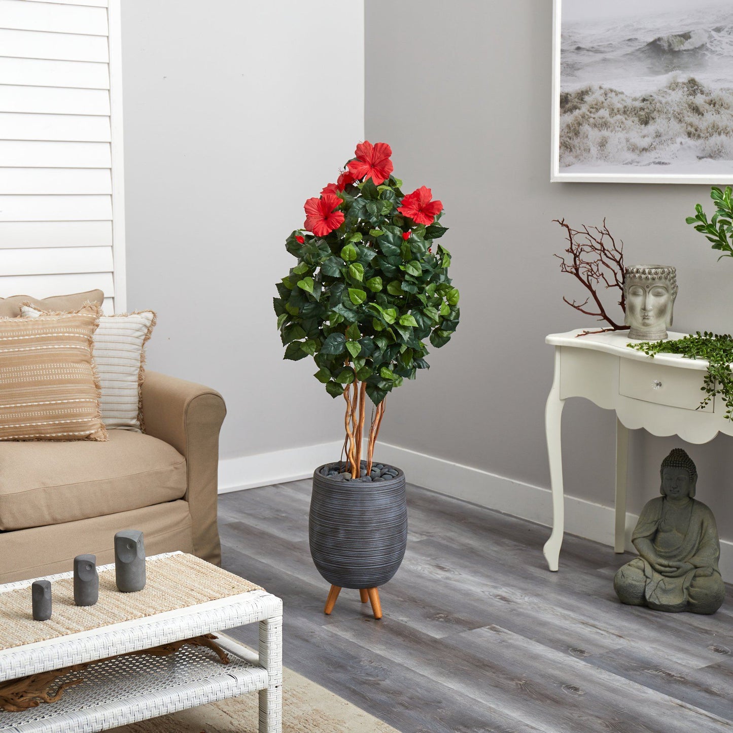 58” Hibiscus Artificial Tree in Gray Planter with Stand